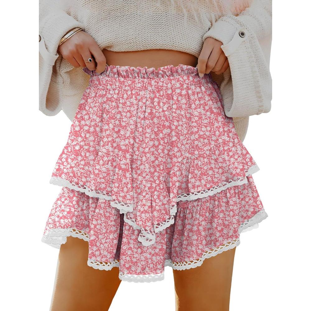 imageCaracilia Mini Skirts for Women Summer Casual Boho Crochet Ruffle Flowy Skirt Built in Shorts 2025 Fashion Trendy SkortsPink White Floral