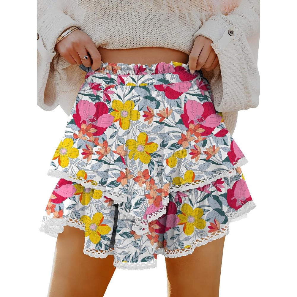 imageCaracilia Mini Skirts for Women Summer Casual Boho Crochet Ruffle Flowy Skirt Built in Shorts 2025 Fashion Trendy SkortsRed Yellow Floral Leaf