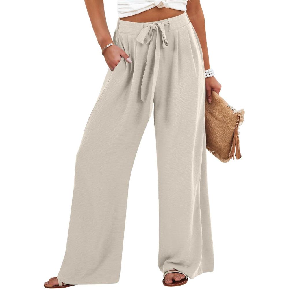 imageCaracilia Wide Leg Palazzo Pants for Women Summer High Waist Flowy Loose Casual Lounge Trousers Beach Travel Vacation ClothesApricot