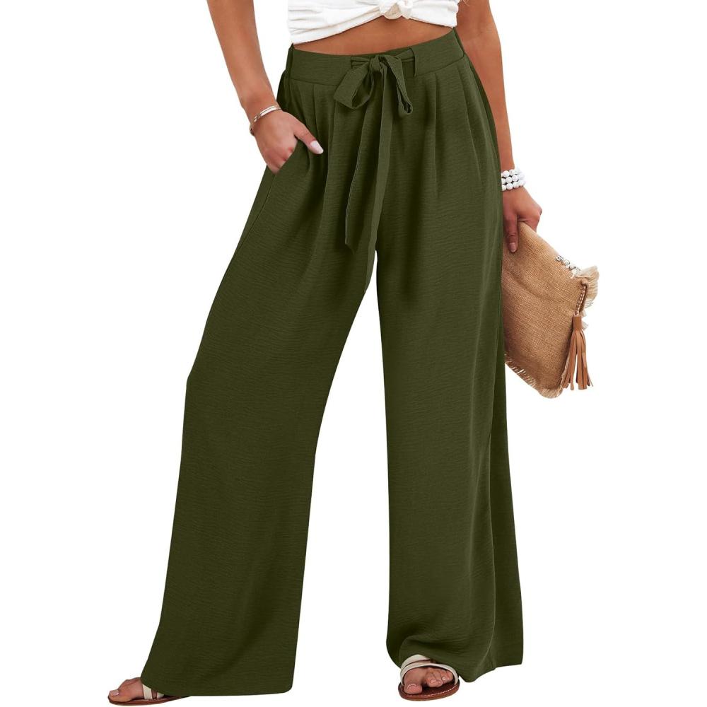 imageCaracilia Wide Leg Palazzo Pants for Women Summer High Waist Flowy Loose Casual Lounge Trousers Beach Travel Vacation ClothesArmy Green