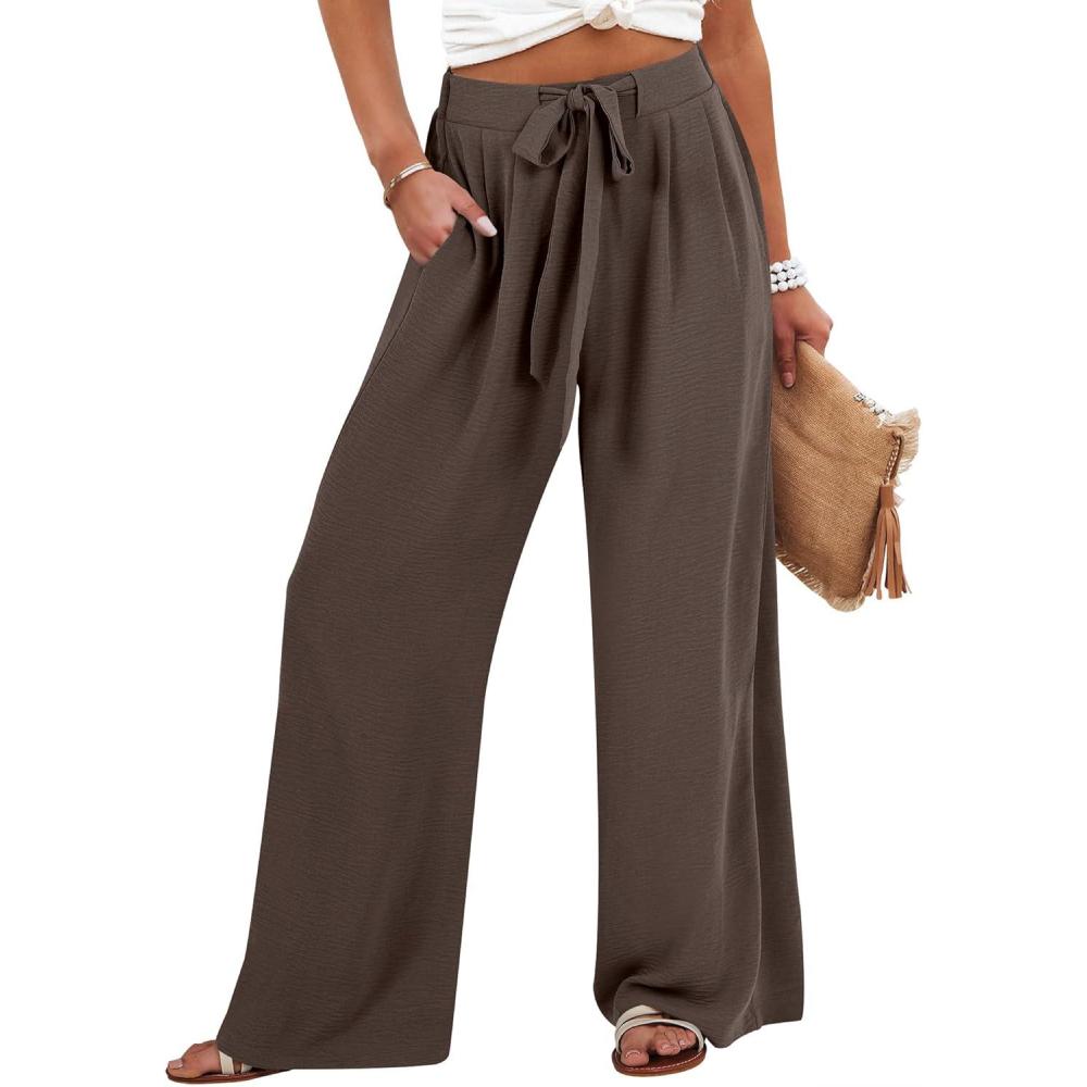 imageCaracilia Wide Leg Palazzo Pants for Women Summer High Waist Flowy Loose Casual Lounge Trousers Beach Travel Vacation ClothesBrown