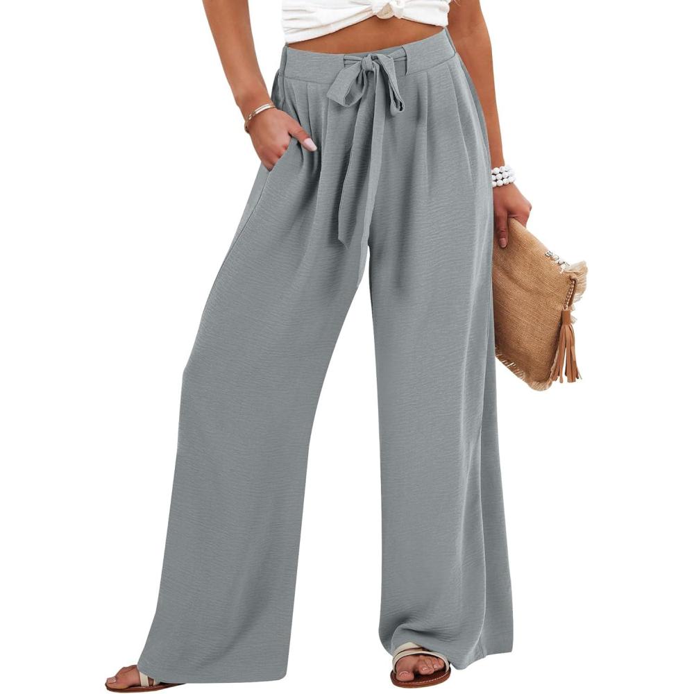 imageCaracilia Wide Leg Palazzo Pants for Women Summer High Waist Flowy Loose Casual Lounge Trousers Beach Travel Vacation ClothesGrey