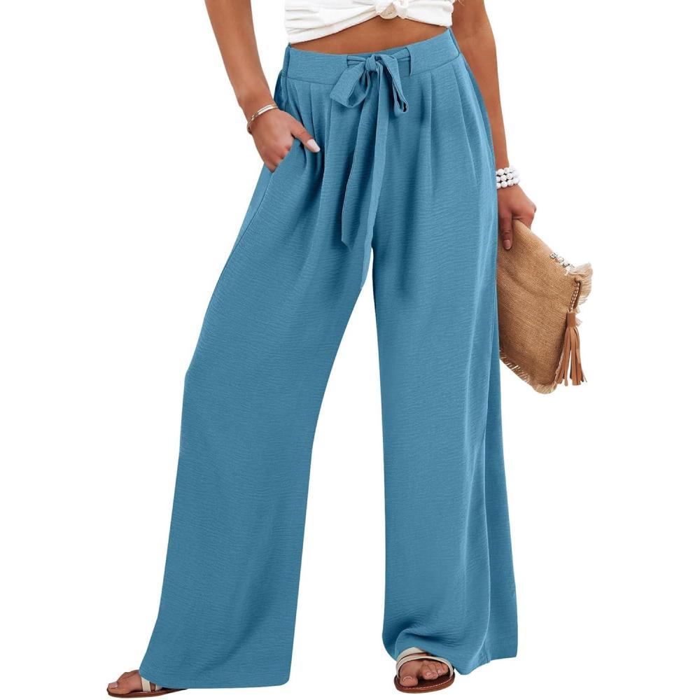 imageCaracilia Wide Leg Palazzo Pants for Women Summer High Waist Flowy Loose Casual Lounge Trousers Beach Travel Vacation ClothesLake