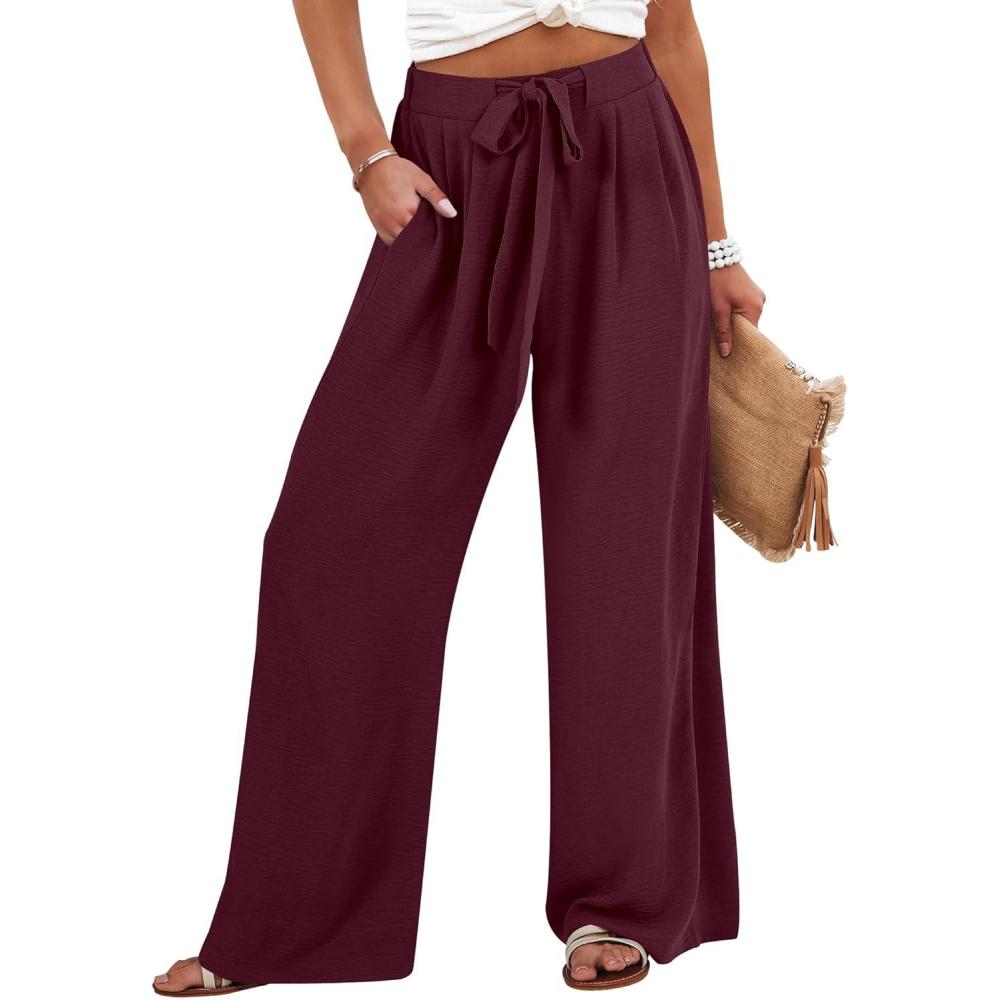 imageCaracilia Wide Leg Palazzo Pants for Women Summer High Waist Flowy Loose Casual Lounge Trousers Beach Travel Vacation ClothesWine Red