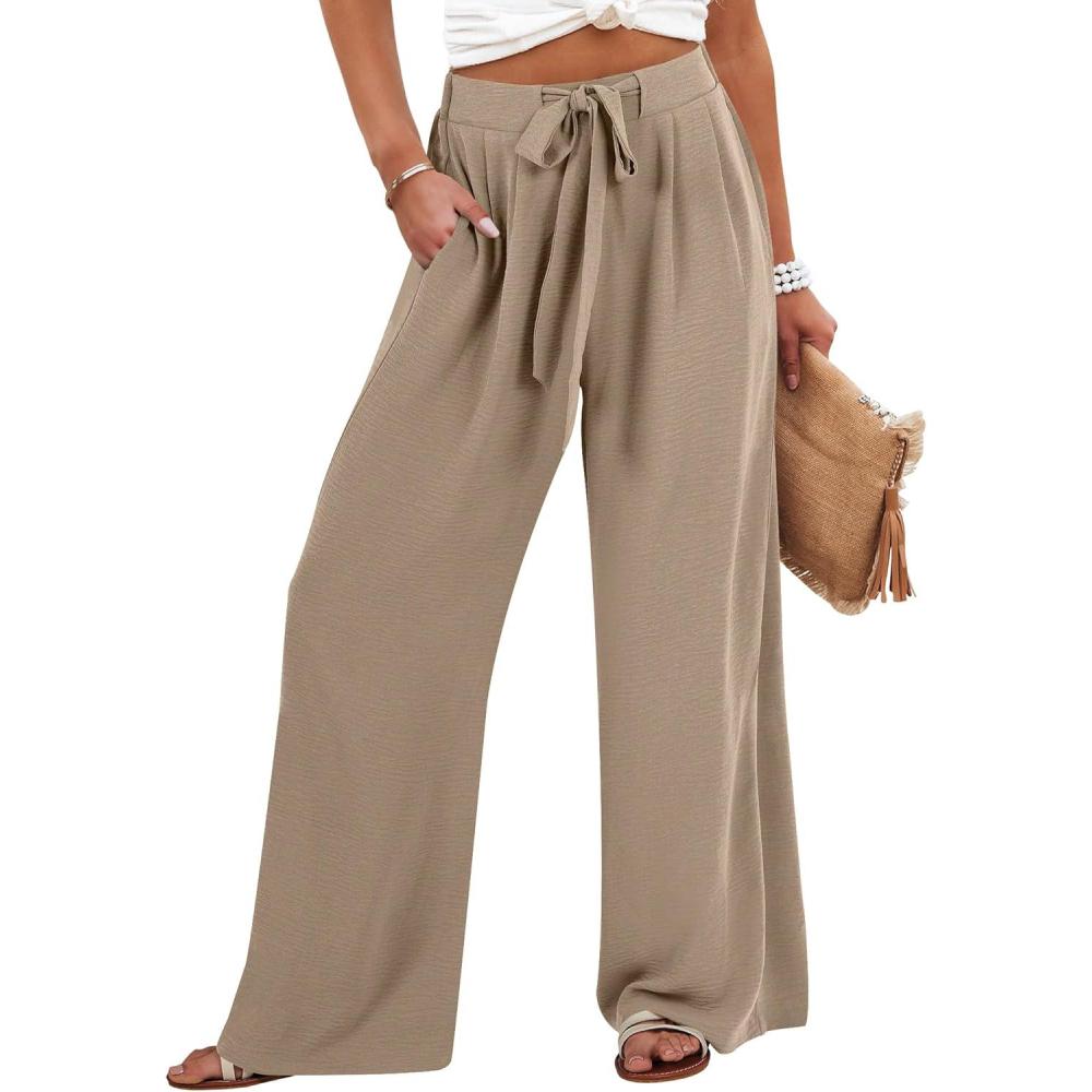 imageCaracilia Wide Leg Palazzo Pants for Women Summer High Waist Flowy Loose Casual Lounge Trousers Beach Travel Vacation ClothesYellow Khaki