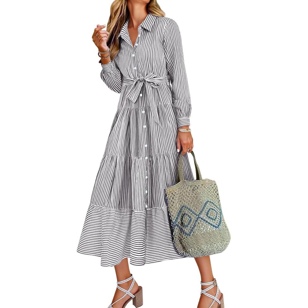 imageCaracilia Women Long Sleeve Maxi Dress 2025 Spring Casual Button Down Striped Plaid Tie Waist Shirt Dresses Vacation OutfitsBlack White Stripe