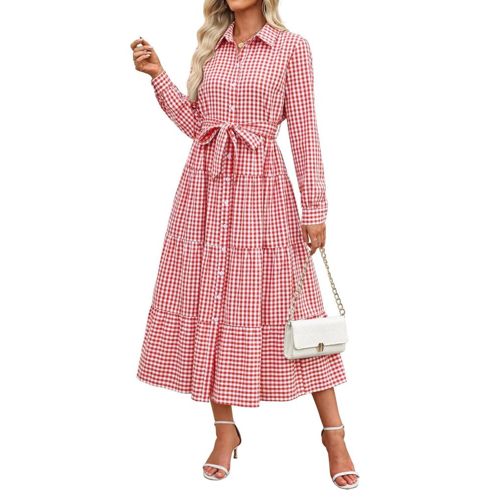 imageCaracilia Women Long Sleeve Maxi Dress 2025 Spring Casual Button Down Striped Plaid Tie Waist Shirt Dresses Vacation OutfitsDark Pink White Plaid