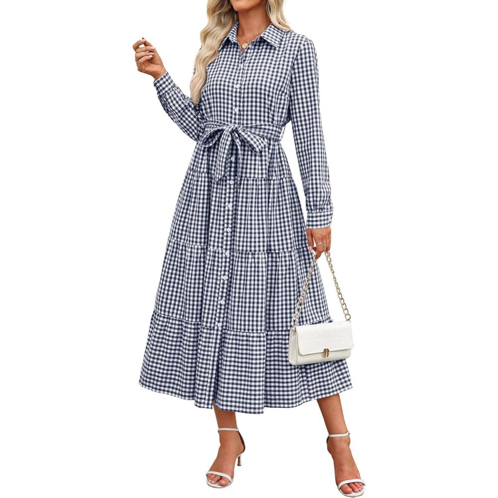 imageCaracilia Women Long Sleeve Maxi Dress 2025 Spring Casual Button Down Striped Plaid Tie Waist Shirt Dresses Vacation OutfitsNavy Blue White Plaid
