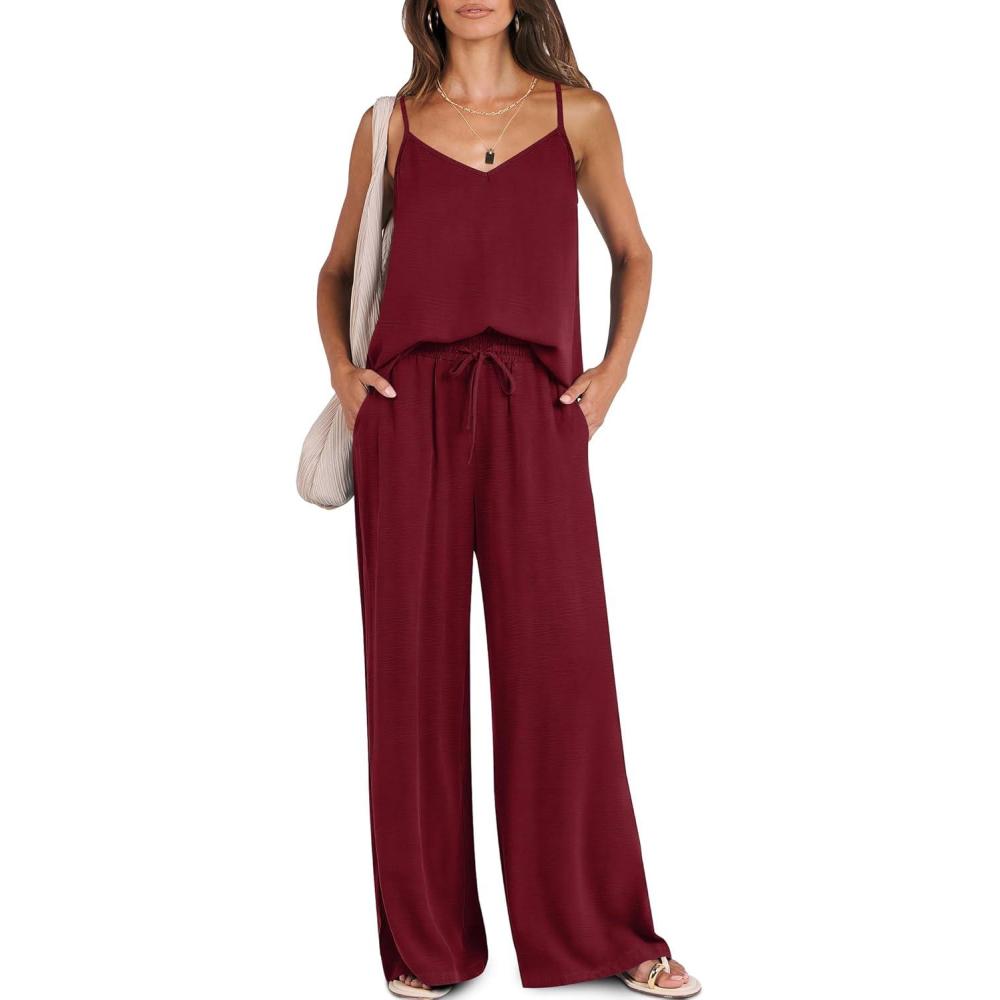 imageCaracilia Women Summer 2 Piece Lounge Sets Outfits Casual Matching Tank Top Wide Leg Pants Set Travel Beach Vacation ClothesDeep Red