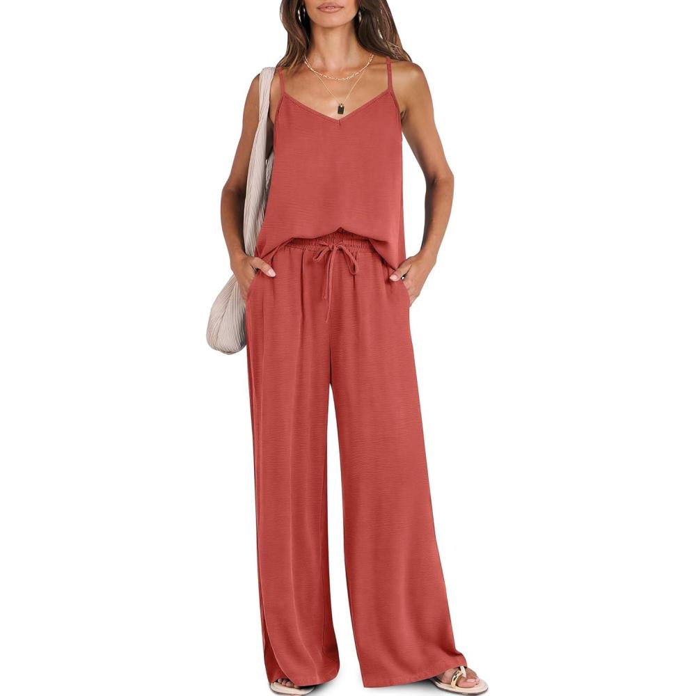 imageCaracilia Women Summer 2 Piece Lounge Sets Outfits Casual Matching Tank Top Wide Leg Pants Set Travel Beach Vacation ClothesOrange
