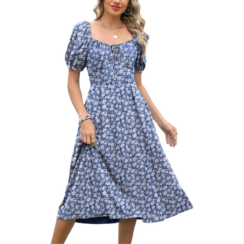 imageCaracilia Women Summer Casual Midi Dress Puff Short Sleeve Square Neck Floral Wedding Guest Party Graduation DressBlue White Floral