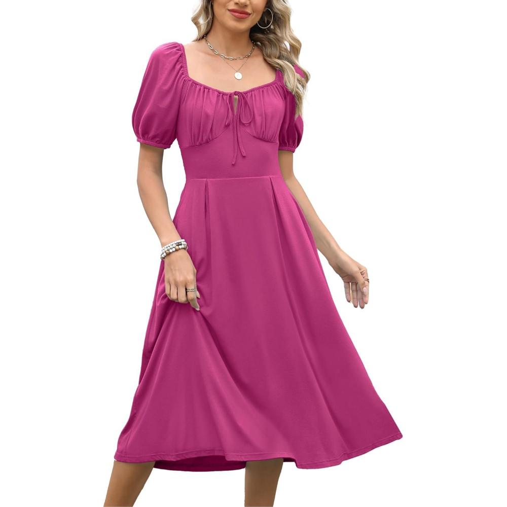 imageCaracilia Women Summer Casual Midi Dress Puff Short Sleeve Square Neck Floral Wedding Guest Party Graduation DressHot Pink