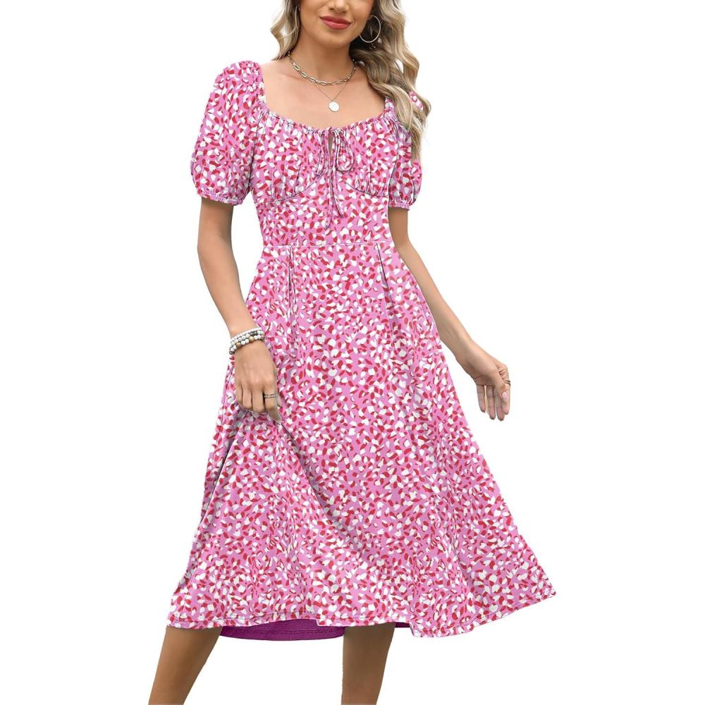 imageCaracilia Women Summer Casual Midi Dress Puff Short Sleeve Square Neck Floral Wedding Guest Party Graduation DressRed White Floral