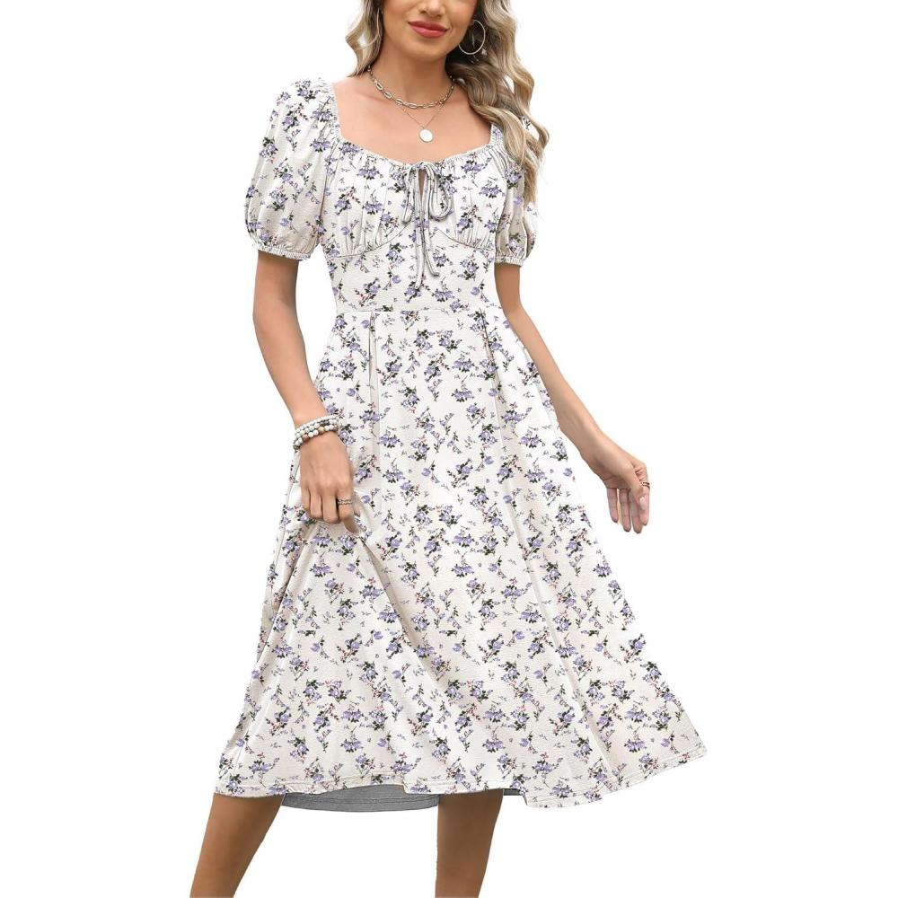 imageCaracilia Women Summer Casual Midi Dress Puff Short Sleeve Square Neck Floral Wedding Guest Party Graduation DressWhite Purple Floral