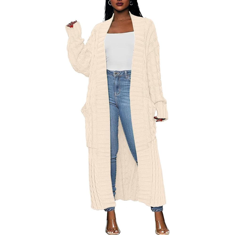 imageCaracilia Womens Long Cardigan Sweaters 2025 Fall Open Front Coat Long Sleeve Cable Knit Maxi Outerwear Trendy Jacket ClothesBeige