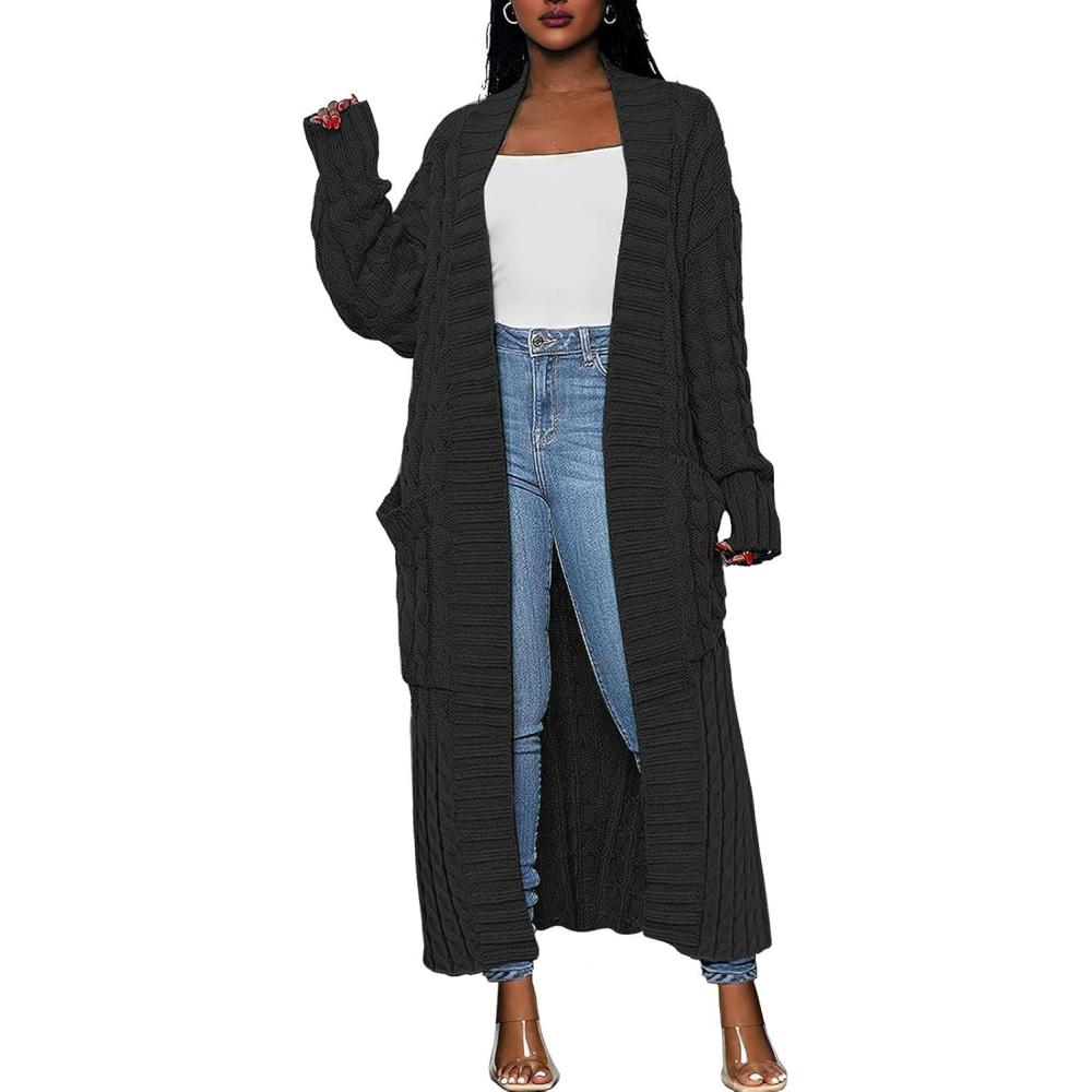 imageCaracilia Womens Long Cardigan Sweaters 2025 Fall Open Front Coat Long Sleeve Cable Knit Maxi Outerwear Trendy Jacket ClothesBlack