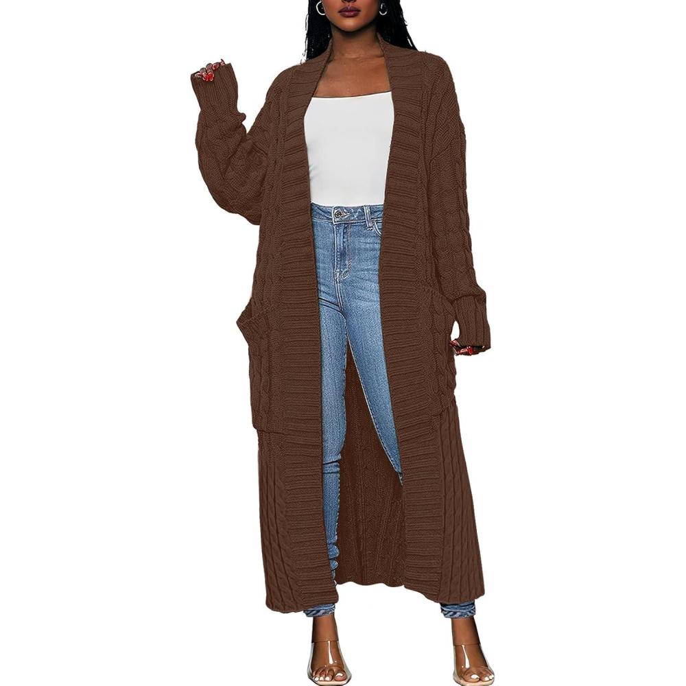 imageCaracilia Womens Long Cardigan Sweaters 2025 Fall Open Front Coat Long Sleeve Cable Knit Maxi Outerwear Trendy Jacket ClothesBrown