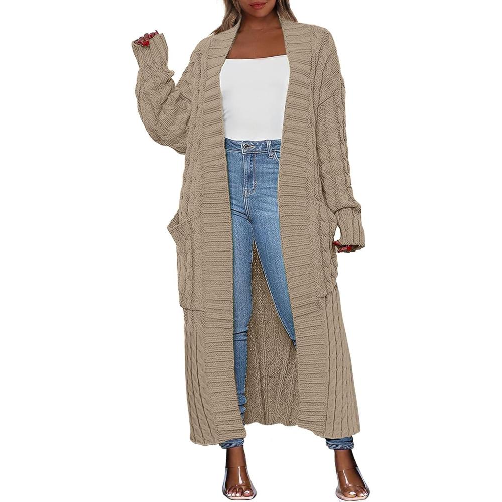 imageCaracilia Womens Long Cardigan Sweaters 2025 Fall Open Front Coat Long Sleeve Cable Knit Maxi Outerwear Trendy Jacket ClothesCamel