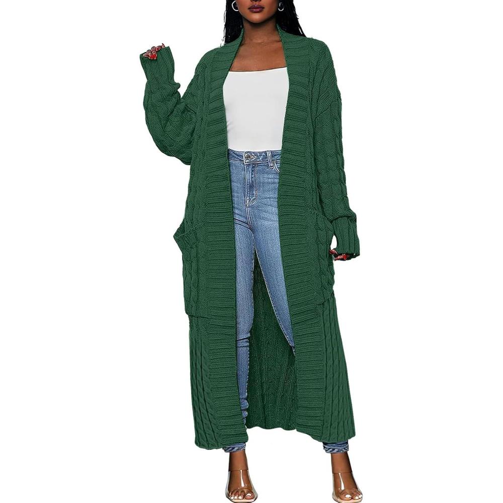 imageCaracilia Womens Long Cardigan Sweaters 2025 Fall Open Front Coat Long Sleeve Cable Knit Maxi Outerwear Trendy Jacket ClothesDark Green