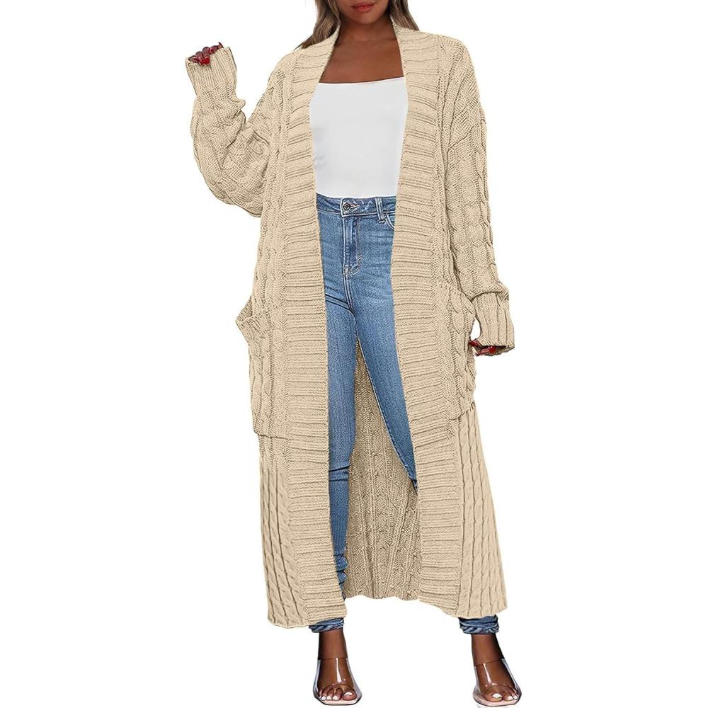 imageCaracilia Womens Long Cardigan Sweaters 2025 Fall Open Front Coat Long Sleeve Cable Knit Maxi Outerwear Trendy Jacket ClothesLight Khaki