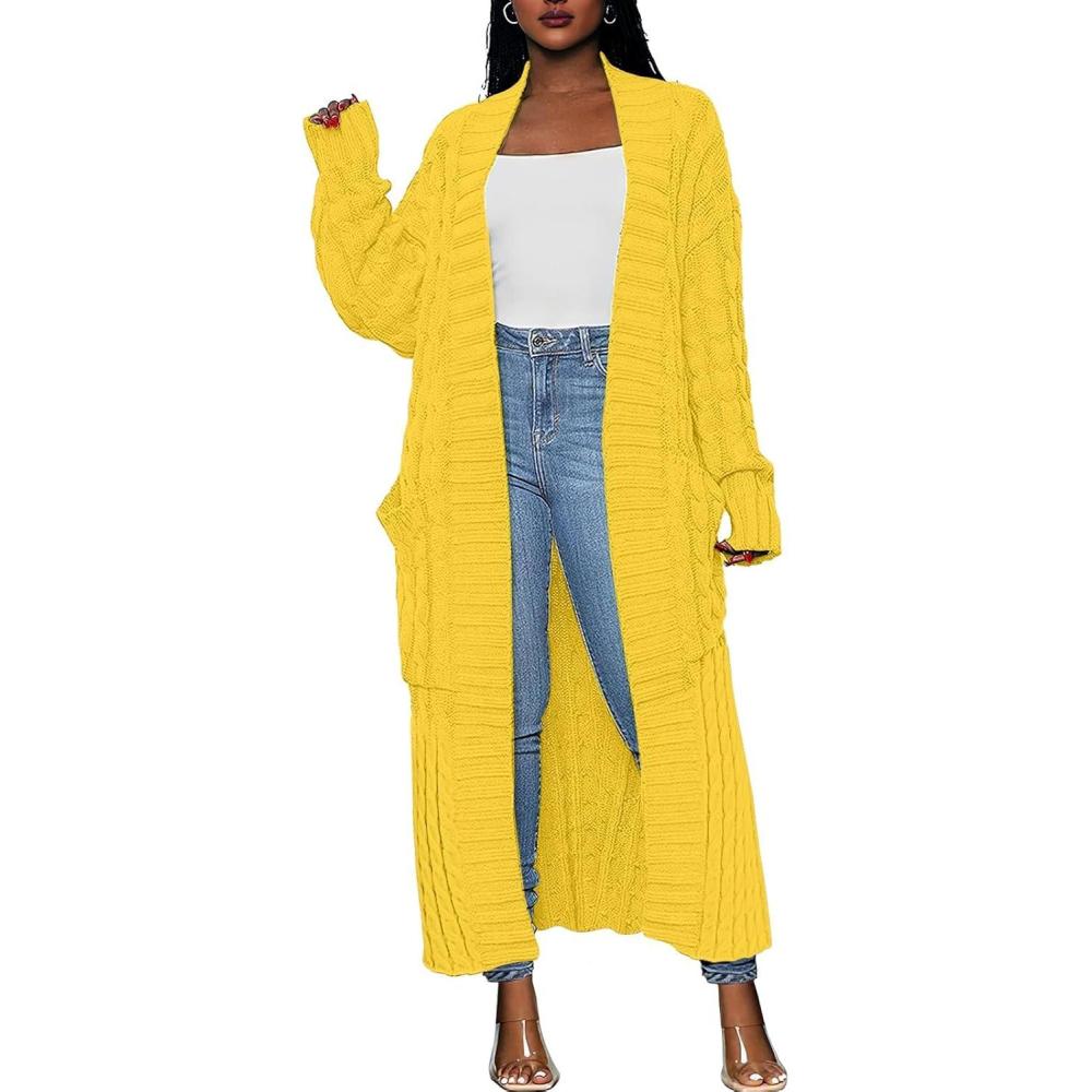 imageCaracilia Womens Long Cardigan Sweaters 2025 Fall Open Front Coat Long Sleeve Cable Knit Maxi Outerwear Trendy Jacket ClothesYellow