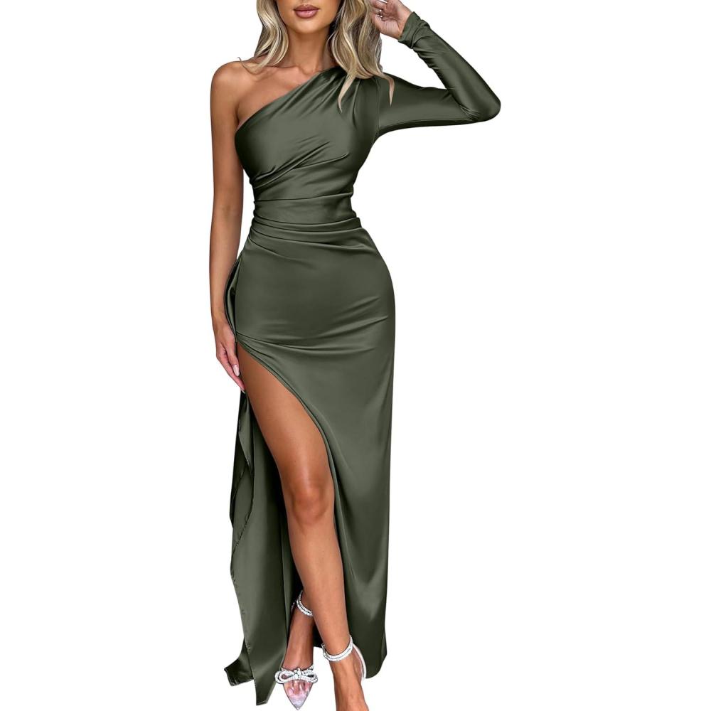 imageCaracilia Womens Wedding Guest Maxi Dress 2025 Fall One Shoulder Sleeve Satin Bodycon High Split Cocktail Formal Prom DressesArmy Green