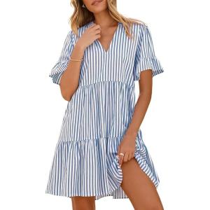 Caracilia Dresses for Women Summer 2026 Striped V Neck Ruffle Sleeve A Line Tiered Flowy Casual Mini Beach Dress with Pockets(Blue White Stripe)