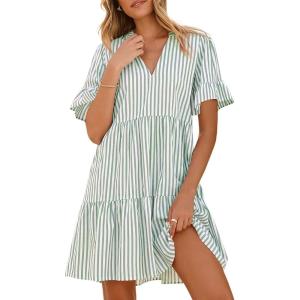 Caracilia Dresses for Women Summer 2026 Striped V Neck Ruffle Sleeve A Line Tiered Flowy Casual Mini Beach Dress with Pockets(Green White Stripe)