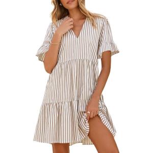 Caracilia Dresses for Women Summer 2026 Striped V Neck Ruffle Sleeve A Line Tiered Flowy Casual Mini Beach Dress with Pockets(Light Brown White Stripe)