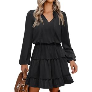 Caracilia Long Sleeve Dress for Women Fall 2025 Casual V Neck High Waist Tiered Ruffle Aline Swing Tunic Short Mini Dresses(Black)