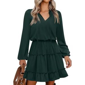 Caracilia Long Sleeve Dress for Women Fall 2025 Casual V Neck High Waist Tiered Ruffle Aline Swing Tunic Short Mini Dresses(Deep Green)