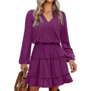 Caracilia Long Sleeve Dress for Women Fall 2025 Casual V Neck High Waist Tiered Ruffle Aline Swing Tunic Short Mini Dresses(Deep Purple)