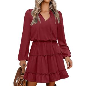 Caracilia Long Sleeve Dress for Women Fall 2025 Casual V Neck High Waist Tiered Ruffle Aline Swing Tunic Short Mini Dresses(Deep Red)