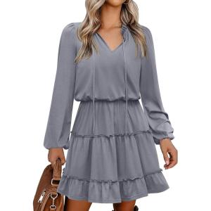 Caracilia Long Sleeve Dress for Women Fall 2025 Casual V Neck High Waist Tiered Ruffle Aline Swing Tunic Short Mini Dresses(Grey)