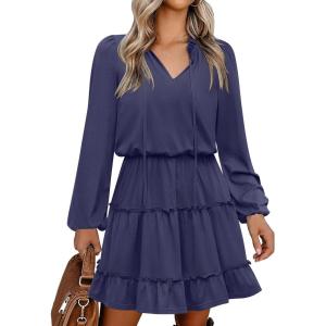 Caracilia Long Sleeve Dress for Women Fall 2025 Casual V Neck High Waist Tiered Ruffle Aline Swing Tunic Short Mini Dresses(Navy Blue)
