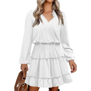 Caracilia Long Sleeve Dress for Women Fall 2025 Casual V Neck High Waist Tiered Ruffle Aline Swing Tunic Short Mini Dresses(White)