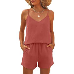 Caracilia Lounge Sets for Women 2 Piece Travel V Neck Tank Short Matching Set Summer Casual Spring Trendy Comfy Outfits 2026(Orange)