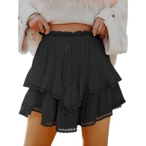 Caracilia Mini Skirts for Women Summer Casual Boho Crochet Ruffle Flowy Skirt Built in Shorts 2025 Fashion Trendy Skorts(Black)