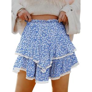 Caracilia Mini Skirts for Women Summer Casual Boho Crochet Ruffle Flowy Skirt Built in Shorts 2025 Fashion Trendy Skorts(Blue White Floral Pink)