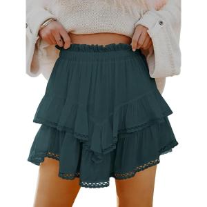 Caracilia Mini Skirts for Women Summer Casual Boho Crochet Ruffle Flowy Skirt Built in Shorts 2025 Fashion Trendy Skorts(Dark Green)