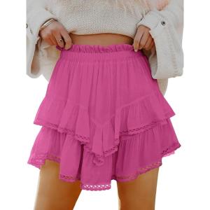 Caracilia Mini Skirts for Women Summer Casual Boho Crochet Ruffle Flowy Skirt Built in Shorts 2025 Fashion Trendy Skorts(Hot Pink)