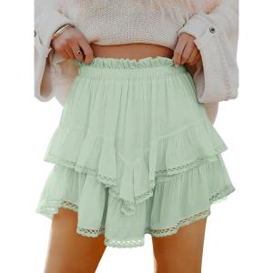 Caracilia Mini Skirts for Women Summer Casual Boho Crochet Ruffle Flowy Skirt Built in Shorts 2025 Fashion Trendy Skorts(Light Green)