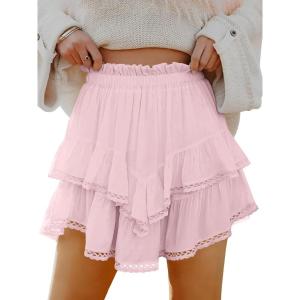 Caracilia Mini Skirts for Women Summer Casual Boho Crochet Ruffle Flowy Skirt Built in Shorts 2025 Fashion Trendy Skorts(Light Pink)