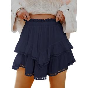 Caracilia Mini Skirts for Women Summer Casual Boho Crochet Ruffle Flowy Skirt Built in Shorts 2025 Fashion Trendy Skorts(Navy Blue)