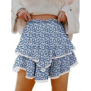 Caracilia Mini Skirts for Women Summer Casual Boho Crochet Ruffle Flowy Skirt Built in Shorts 2025 Fashion Trendy Skorts(Navy White Floral)