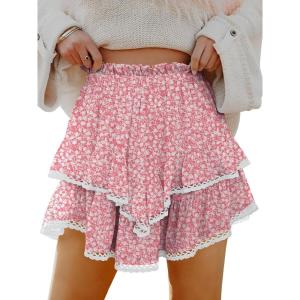 Caracilia Mini Skirts for Women Summer Casual Boho Crochet Ruffle Flowy Skirt Built in Shorts 2025 Fashion Trendy Skorts(Pink White Floral)