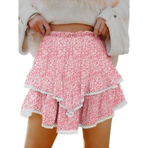Caracilia Mini Skirts for Women Summer Casual Boho Crochet Ruffle Flowy Skirt Built in Shorts 2025 Fashion Trendy Skorts(Pink White Floral Black Dot)