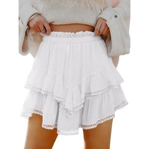 Caracilia Mini Skirts for Women Summer Casual Boho Crochet Ruffle Flowy Skirt Built in Shorts 2025 Fashion Trendy Skorts(White)