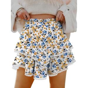 Caracilia Mini Skirts for Women Summer Casual Boho Crochet Ruffle Flowy Skirt Built in Shorts 2025 Fashion Trendy Skorts(White Blue Yellow Floral)