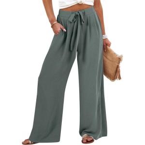 Caracilia Wide Leg Palazzo Pants for Women Summer High Waist Flowy Loose Casual Lounge Trousers Beach Travel Vacation Clothes(Blue Green)